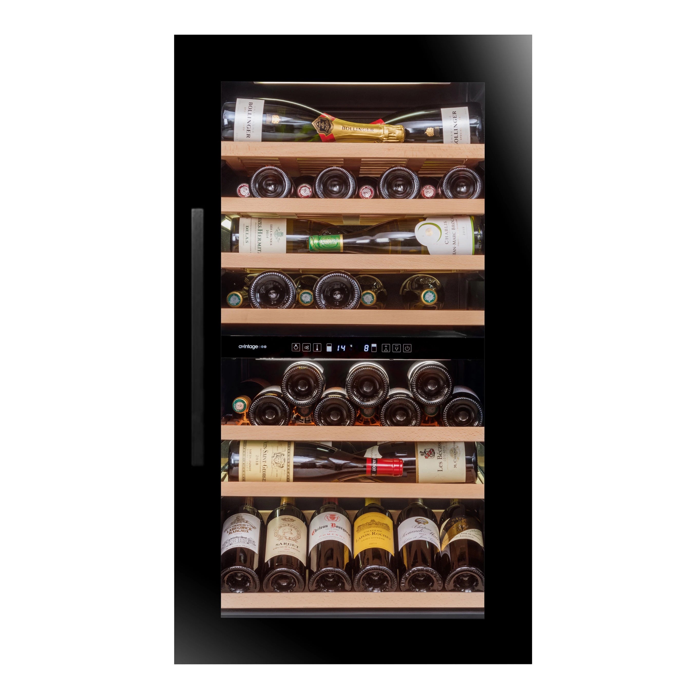 Vista de la Vinoteca encastrable en columna 62 botellas Avintage AVI105G2 doble zona.