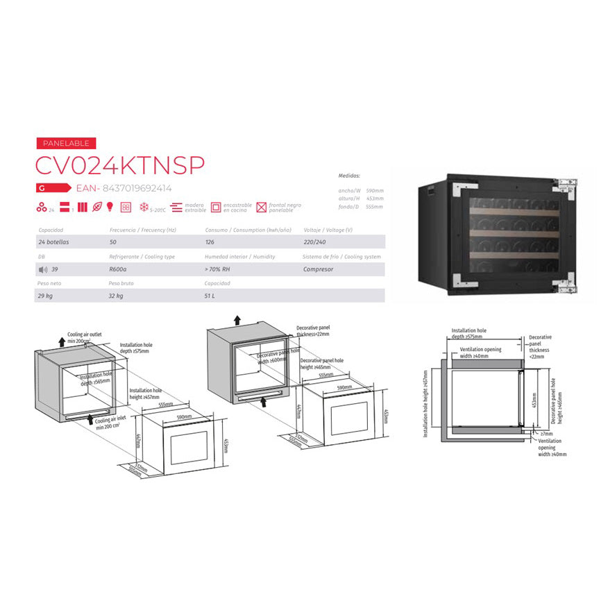 Vinoteca encastrable y panelable 24 botellas Cavanova CV024KTNSP detalles