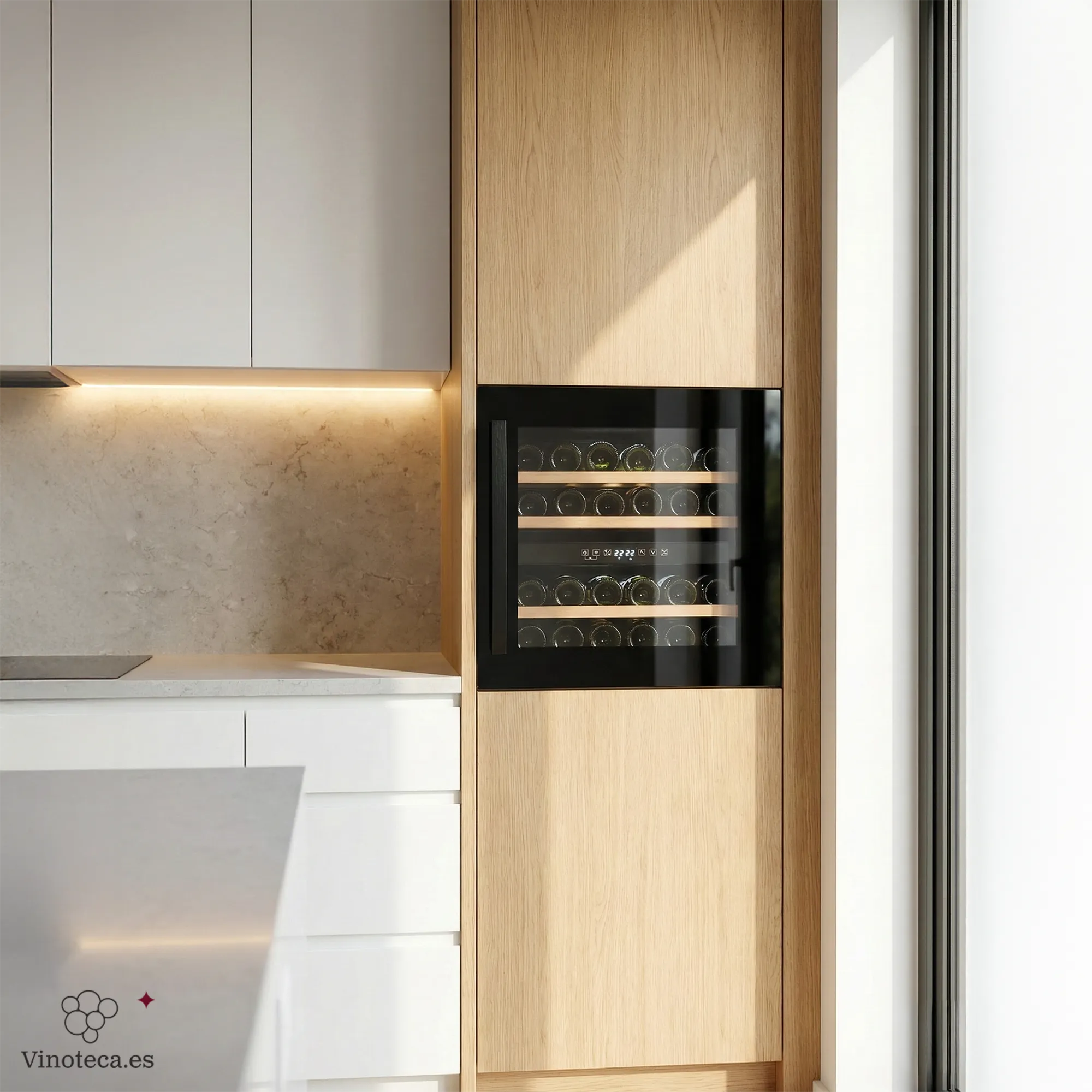 Vinoteca encastrable Caviss CLEN230TBEG de doble zona integrada en mueble de madera clara, con puerta de vidrio negro mostrando botellas horizontales en estantes de madera, display digital a 22°C, en cocina moderna con encimera blanca y luz natural.