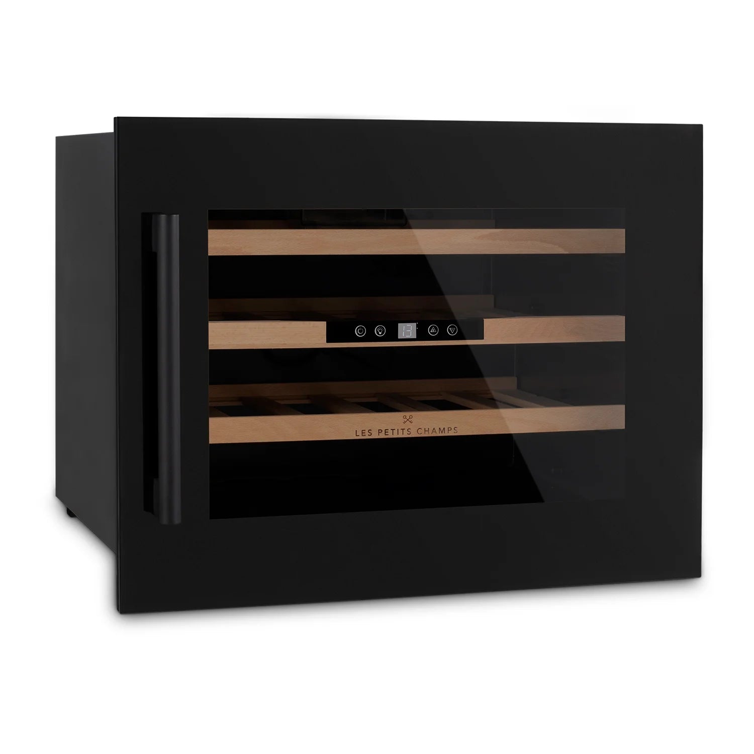 Vinoteca encastrable con acabado negro brillante, control digital al centro, estantes de madera y espacio para 24 botellas