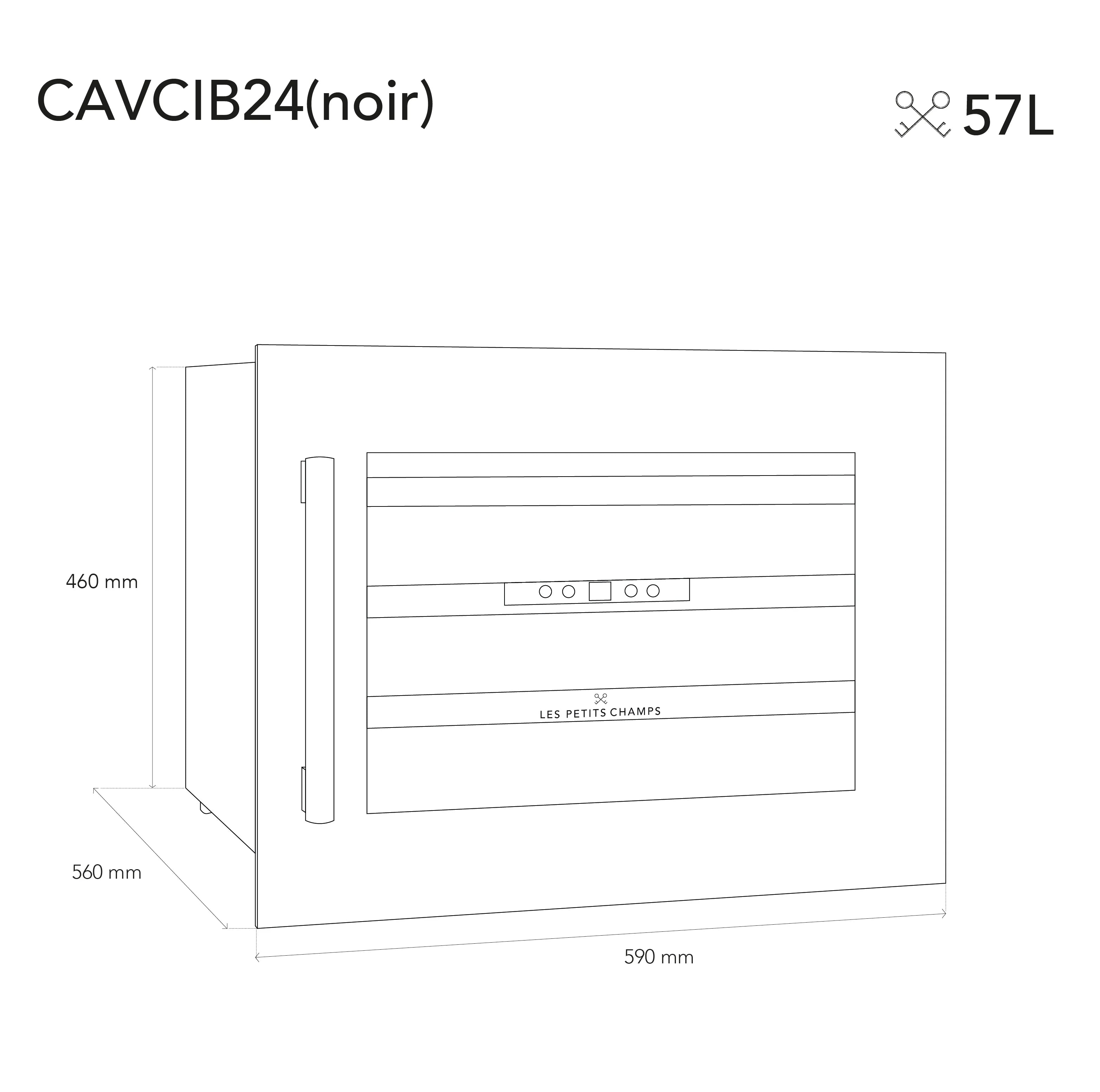 Dibujo técnico de la vinoteca Les Petits Champs CAVCIB24 (noir) con dimensiones: 590 mm de ancho, 460 mm de alto y 560 mm de profundidad; capacidad de 57 litros