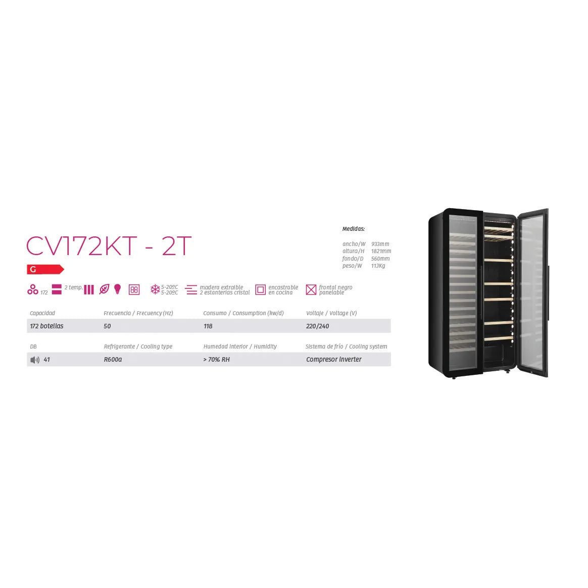 Vinoteca encastrable doble zona 172 botellas Cavanova CV0172KT-2T