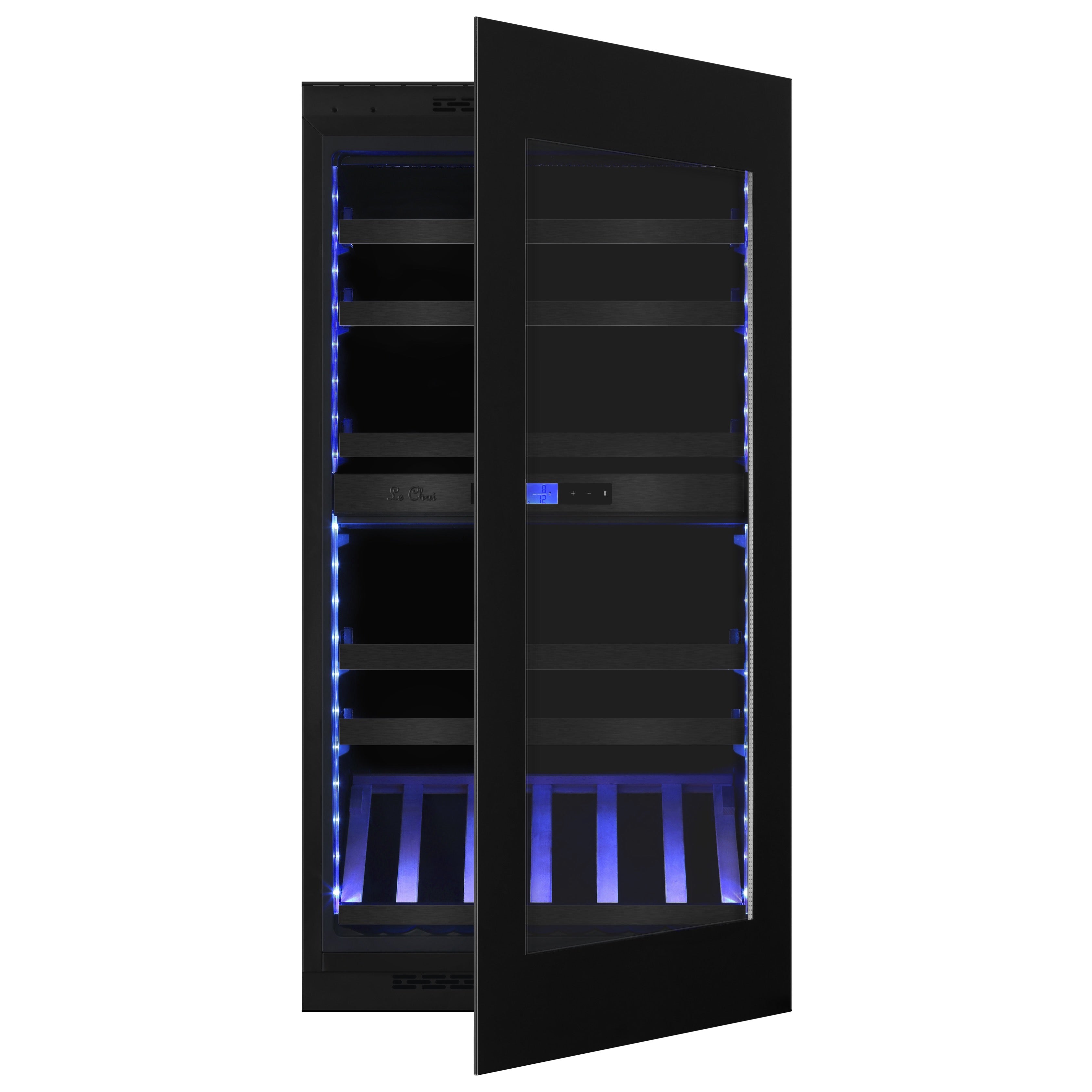 Vinoteca integrable doble zona 59 botellas LBN590POV abierta iluminada led azul