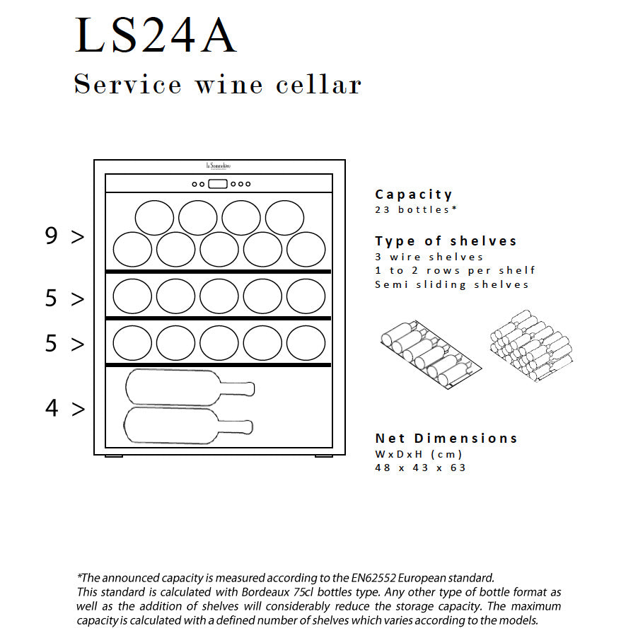 Esquema de la vinoteca La Sommelière LS24A mostrando la distribución de 23 botellas, estantes de alambre y dimensiones 48×43×63 cm.