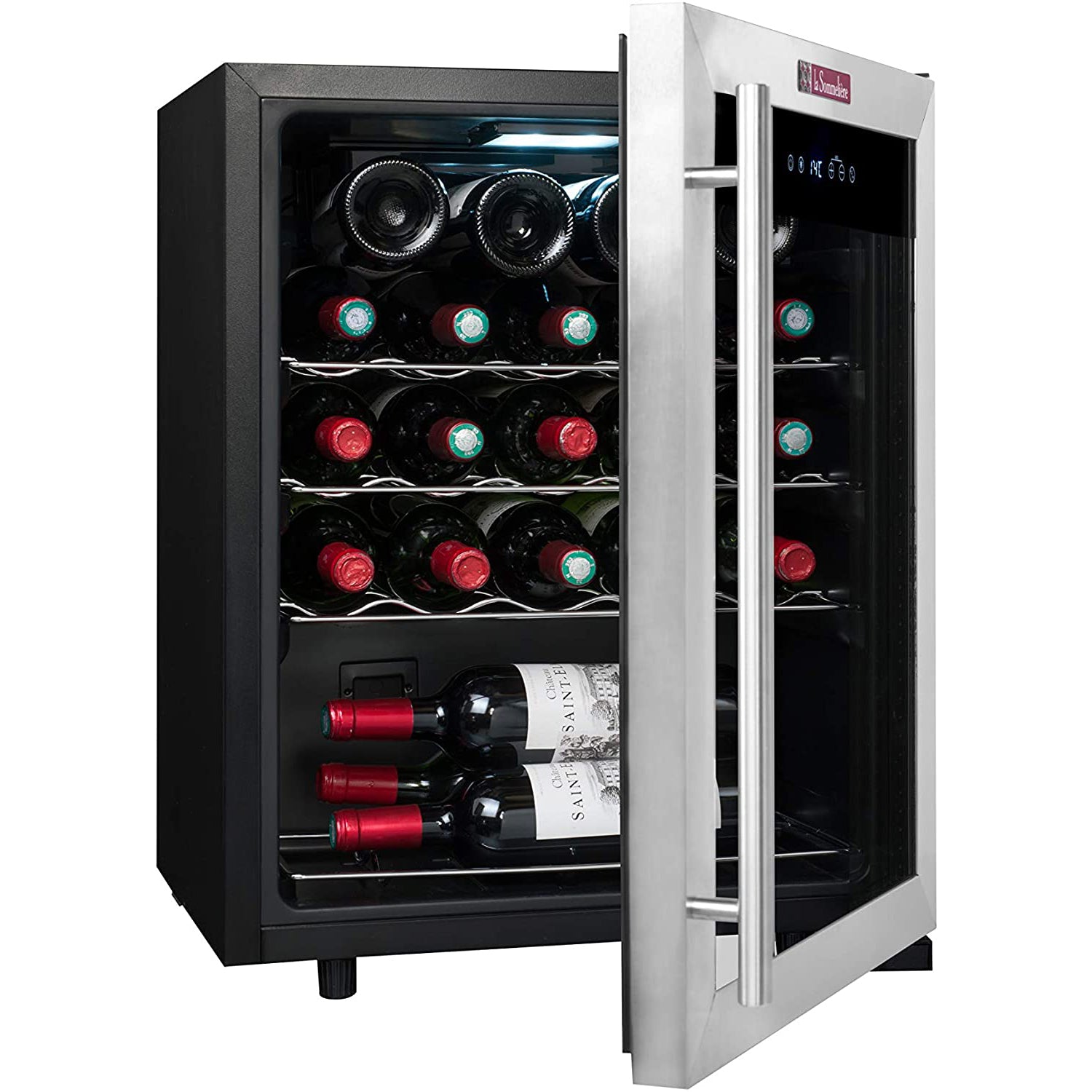 Vista lateral de la vinoteca La Sommelière LS24A abierta, con botellas de vino tinto en estantes metálicos y asa larga.