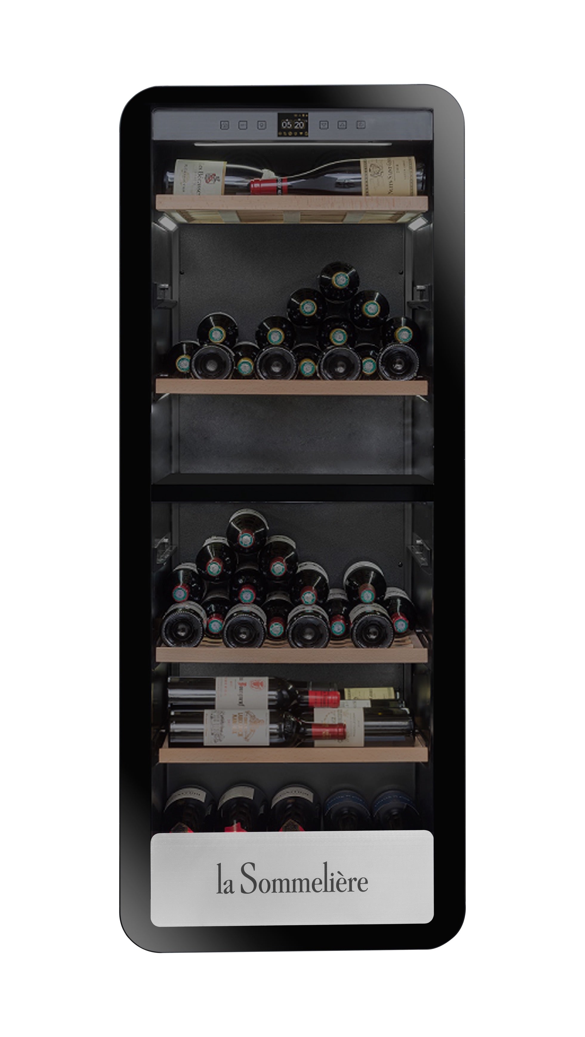 Vista frontal de la Vinoteca 143 botellas La Sommelière APOGEE 145DZ doble zona repleta de botellas en estantes de madera