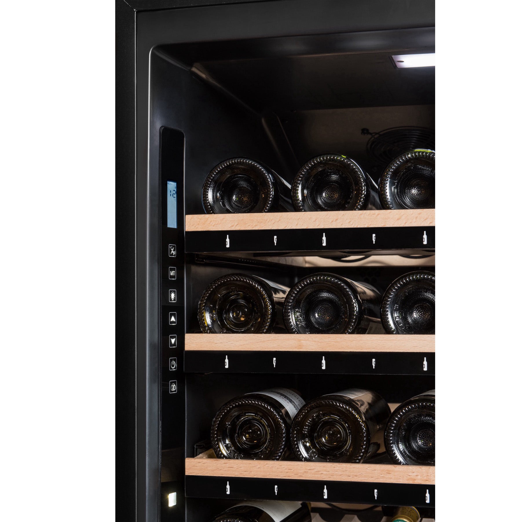 Vista de la Vinoteca multizona 185 botellas La Sommelière ECELLAR185 completamente abastecida con botellas de vino