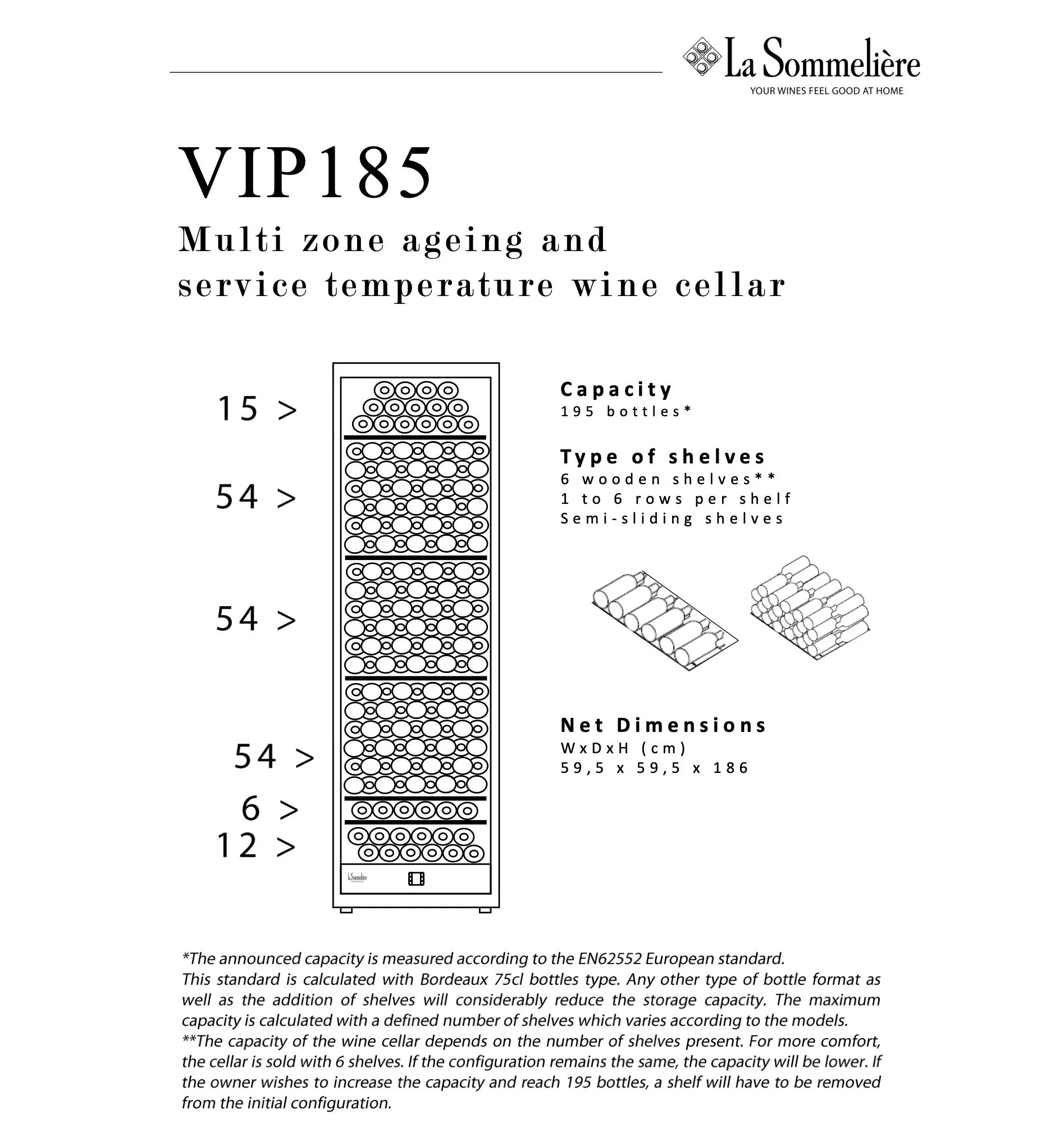 Ficha técnica ilustrada de la vinoteca VIP185 de La Sommelière que indica una capacidad de 195 botellas, 6 estantes de madera semi-deslizantes, y dimensiones de 59,5 x 59,5 x 186 cm.