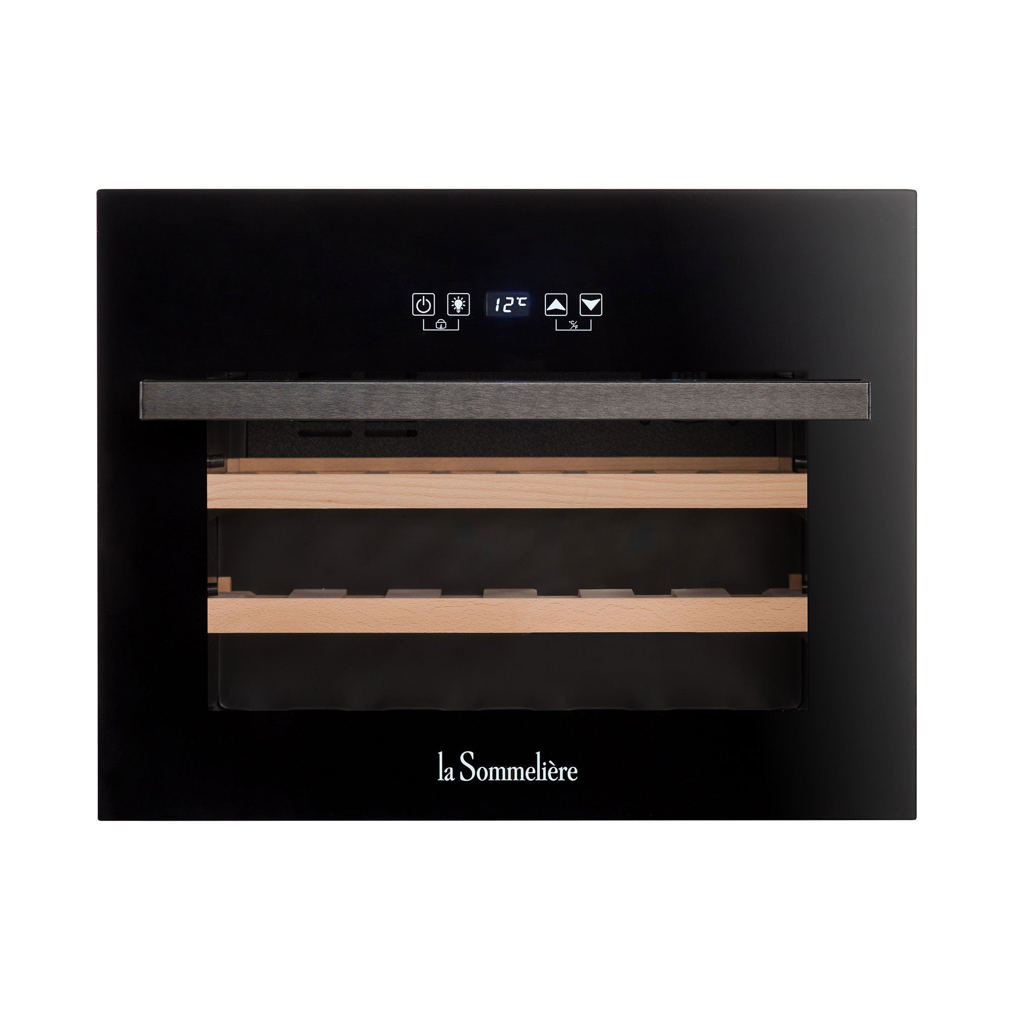 Vista de la Vinoteca 28 botellas La Sommelière LSBI28B completamente abastecida con botellas de vino