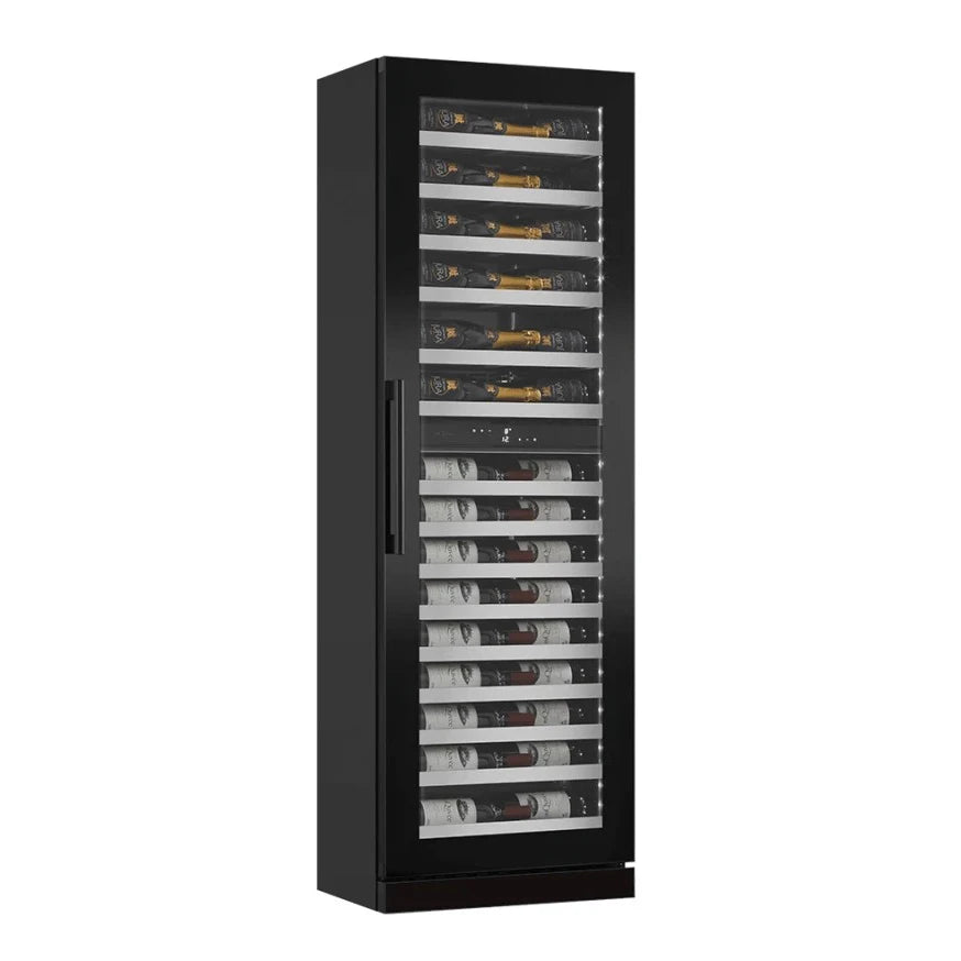 Vista de la puerta Fullglass negra de la vinoteca mQuvée WineCave Slim 182D