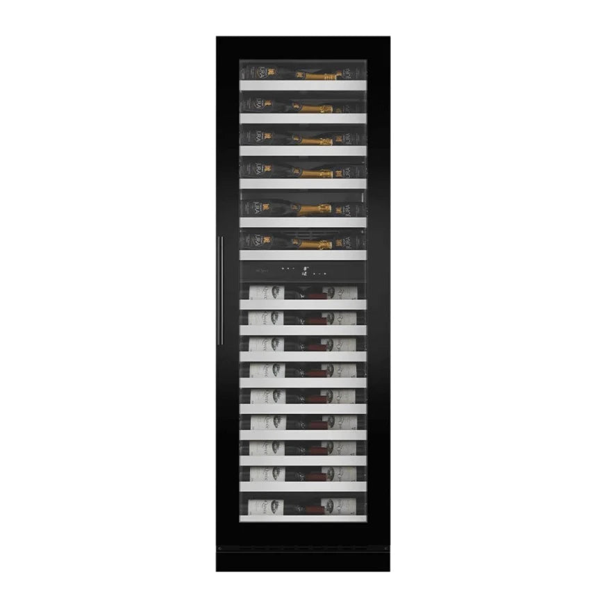 Vista frontal de la vinoteca mQuvée WineCave Slim 182D Fullglass Black con puerta cerrada