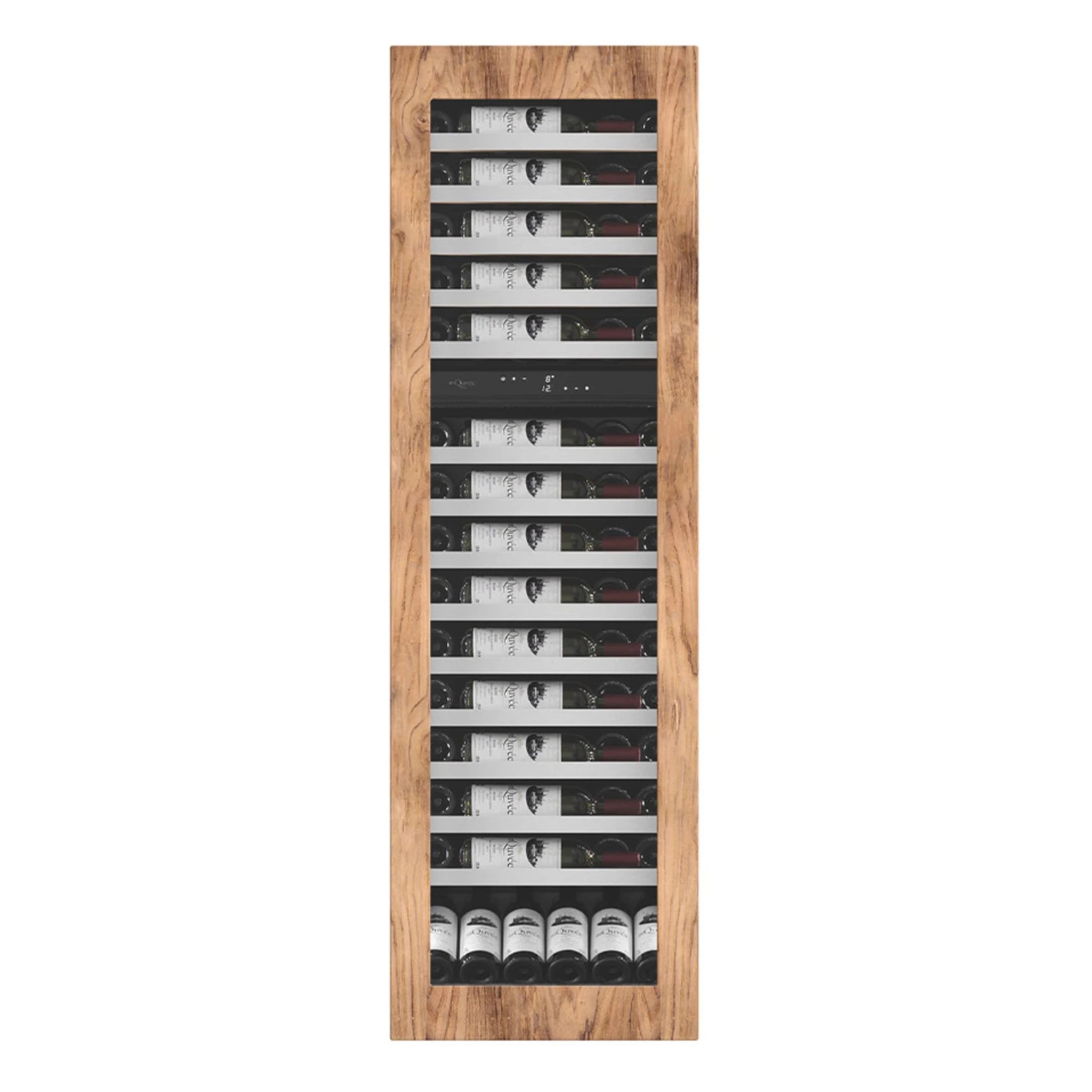 Vista frontal de la vinoteca mQuvée WineKeeper 112D Panel Ready Push/Pull de doble zona, con capacidad para 115 botellas de vino distribuidas en estantes horizontales, marco exterior en acabado madera, y panel de control digital central integrado.