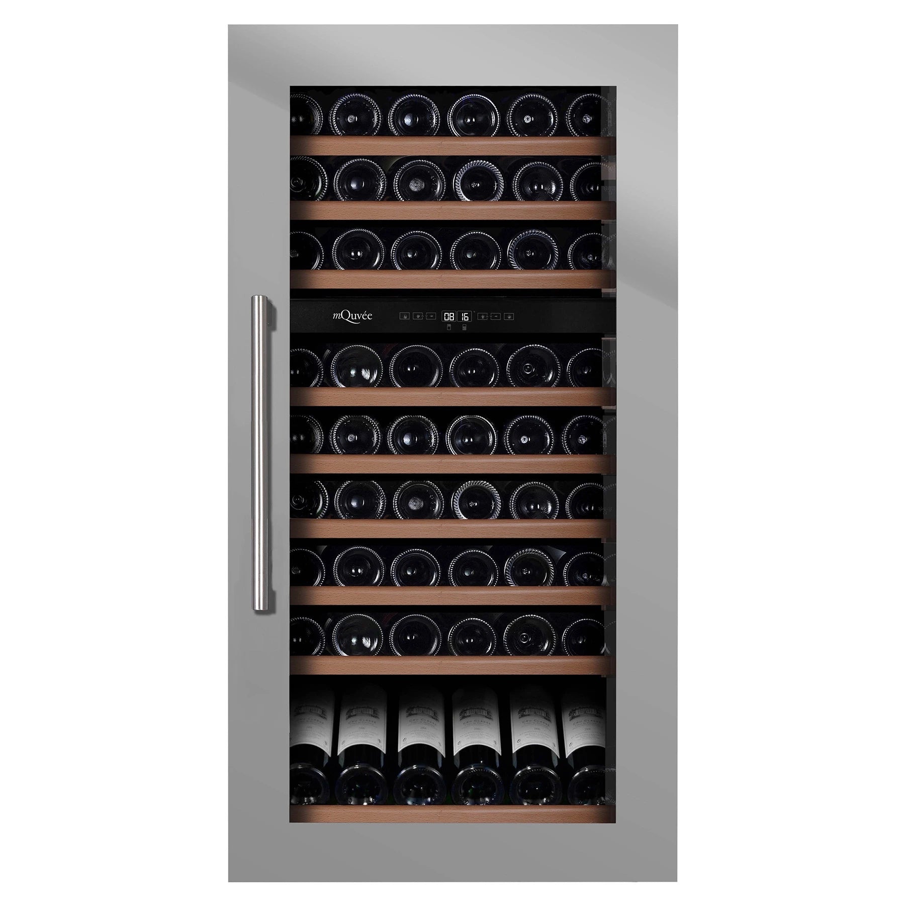 Vista frontal de la vinoteca mQuvée WineKeeper 70D Stainless con puerta cerrada
