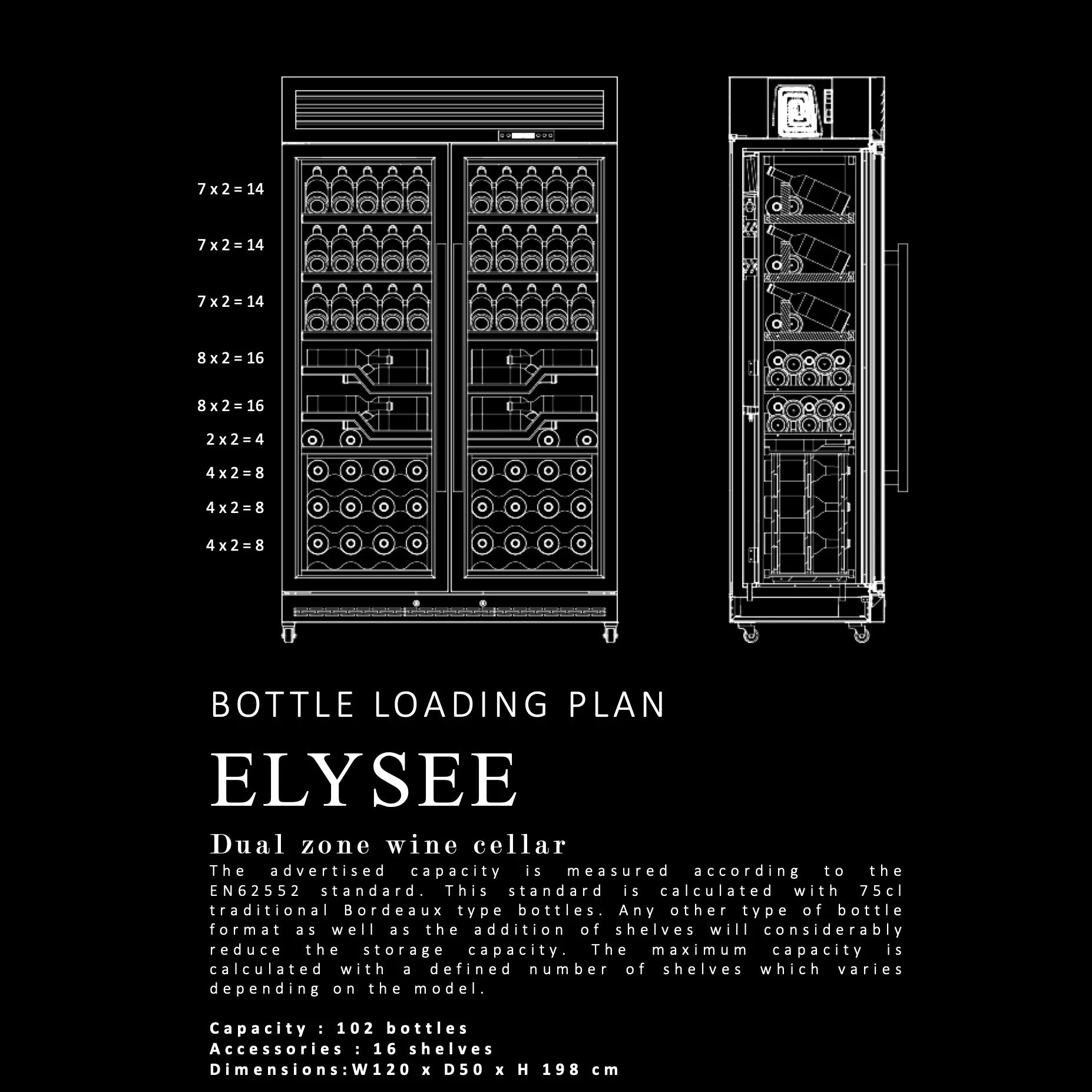 Esquema adicional de capacidad de la vinoteca profesional La Sommeliere ELISEE con disposicion de estantes.