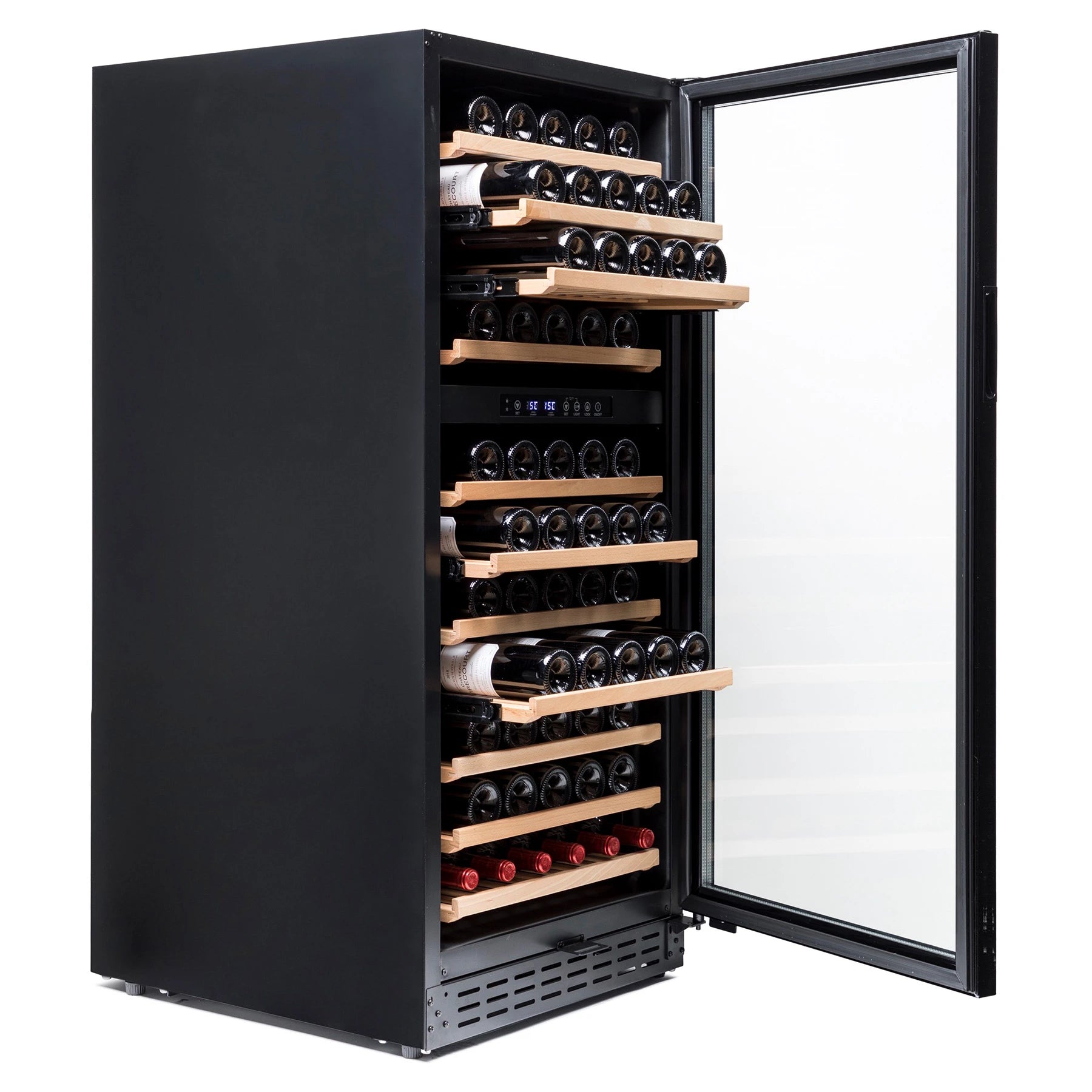 Detalle de la vinoteca Vinobox V110 GC 2T Black con estantes de madera extraíbles.