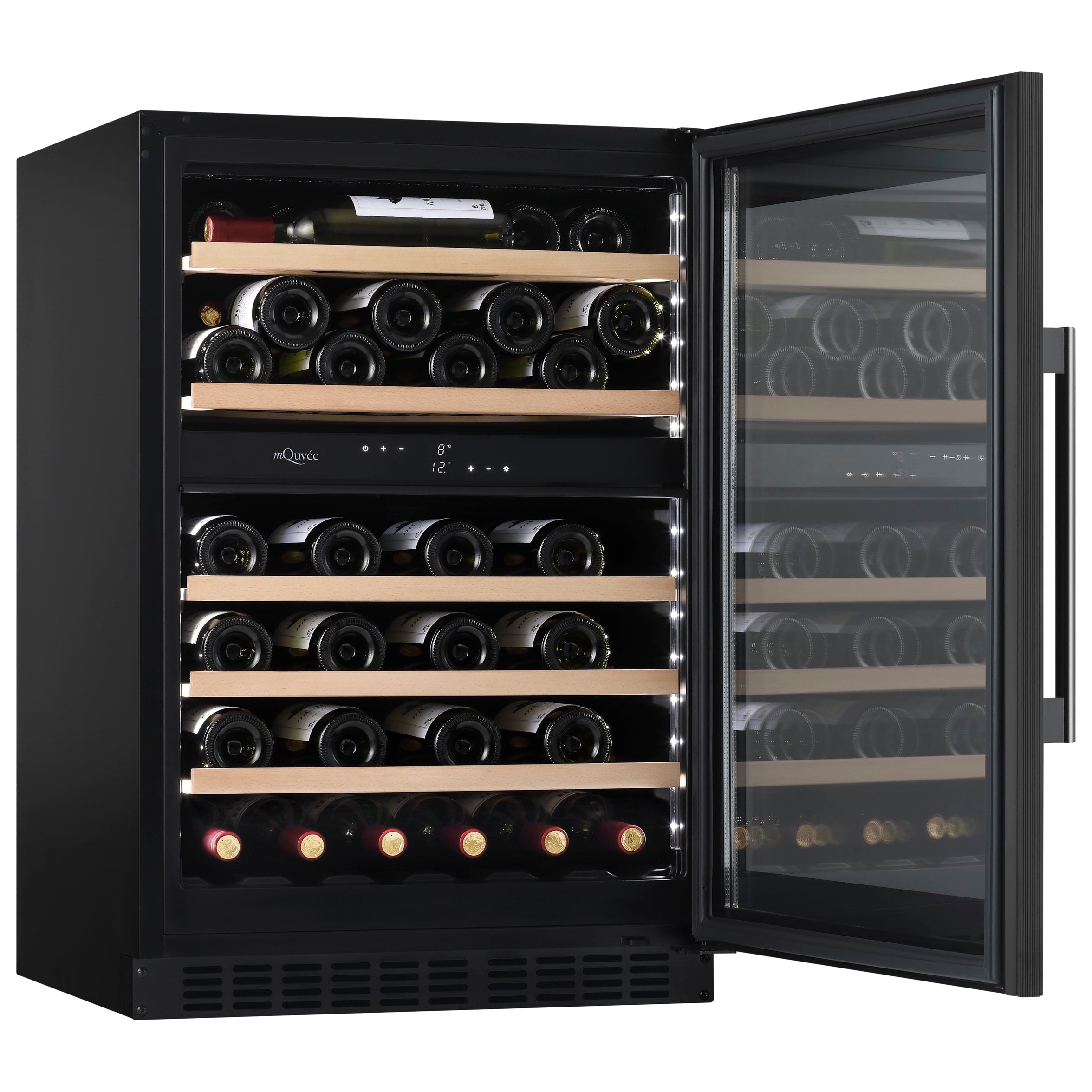 Vinoteca 53 botellas mQuvée WineCave 800 60D Fullglass vista lateral con puerta abierta llena de botellas de vino