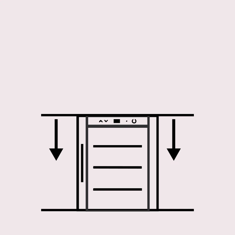 Gráfico lineal de vinoteca bajo encimera con controles en la parte superior y flechas hacia abajo indicando espacio de ventilación.