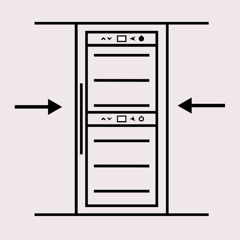 Gráfico lineal de vinoteca empotrada a ras del suelo, con controles digitales y doble zona de temperatura. Flechas indican ajuste lateral en mueble.