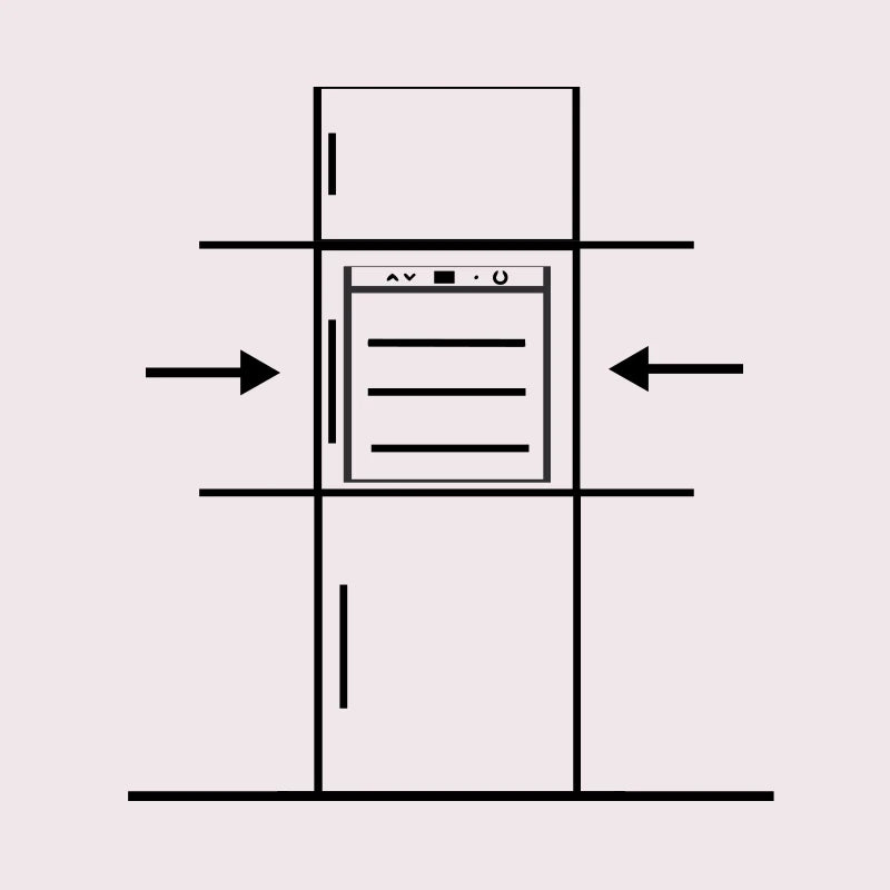 Dibujo esquemático de vinoteca instalada en una columna de muebles, con flechas señalando integración lateral en el mobiliario.