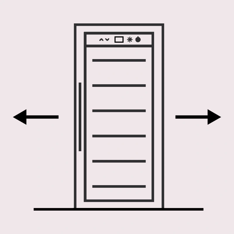 Gráfico esquemático de vinoteca independiente con flechas que muestran necesidad de espacio lateral. Ideal para instalación sin empotrar.